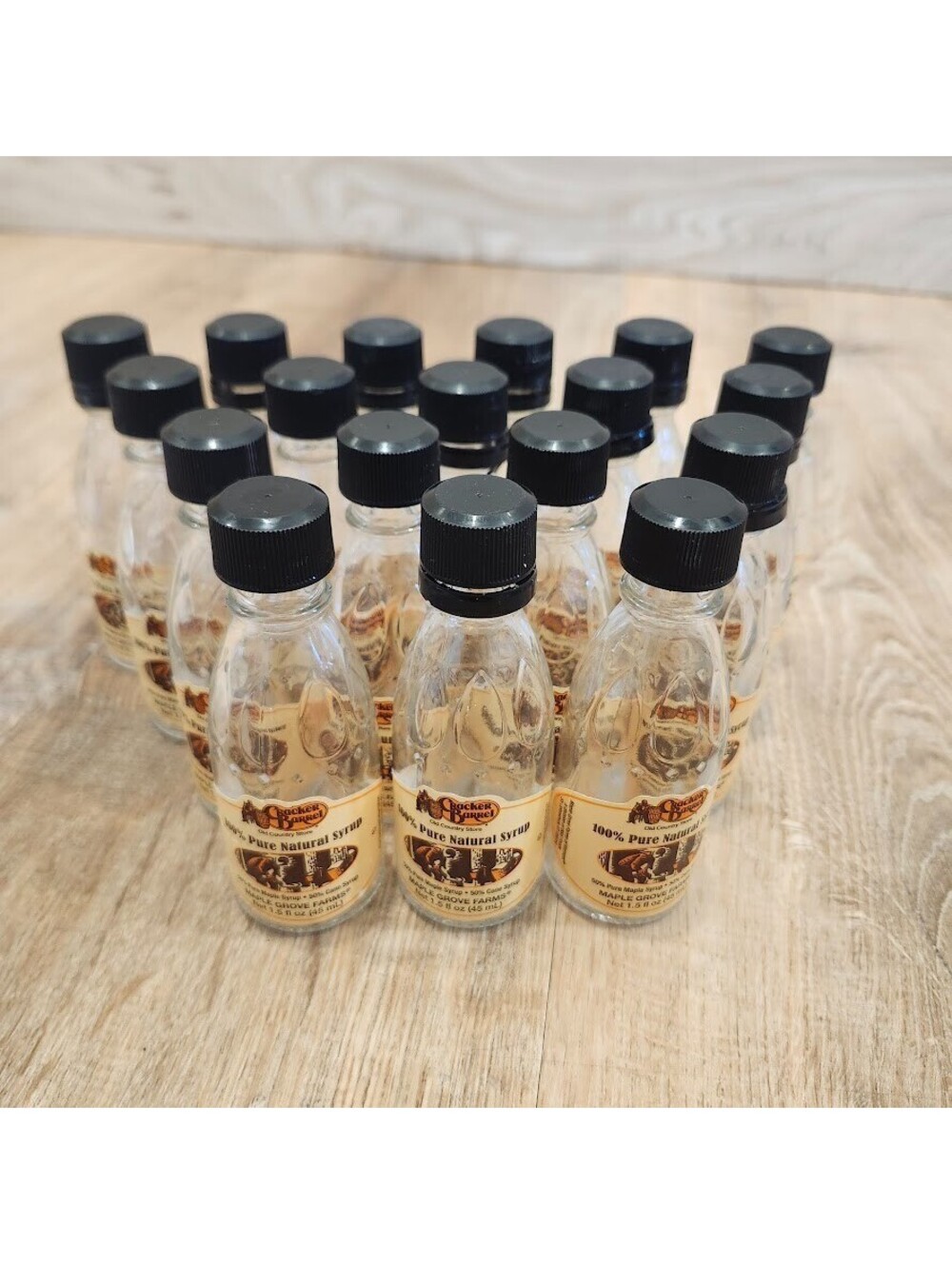 18 Empty Cracker Barrel Syrup Bottles 1.5oz Glass Mini Jars Black Lids Craft Lot